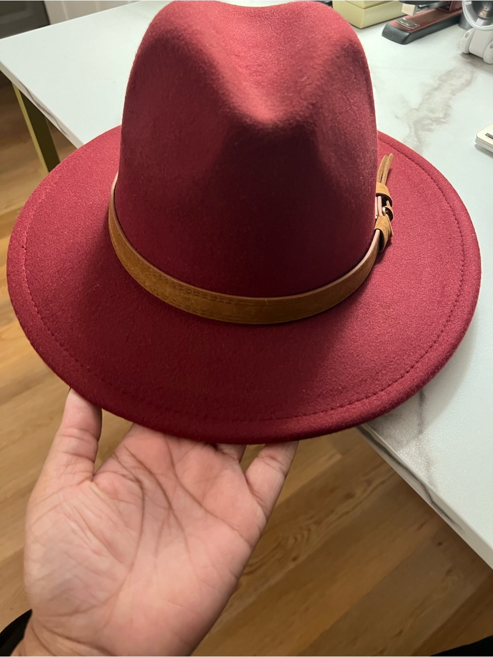 Classic Burgundy Fedora Hat with Tan Band